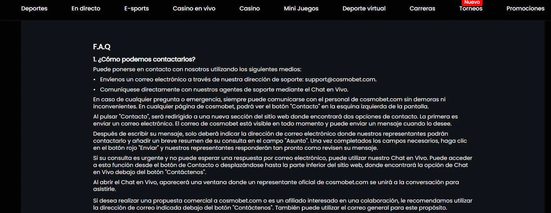Cosmobet Casino atención al cliente por chat en vivo